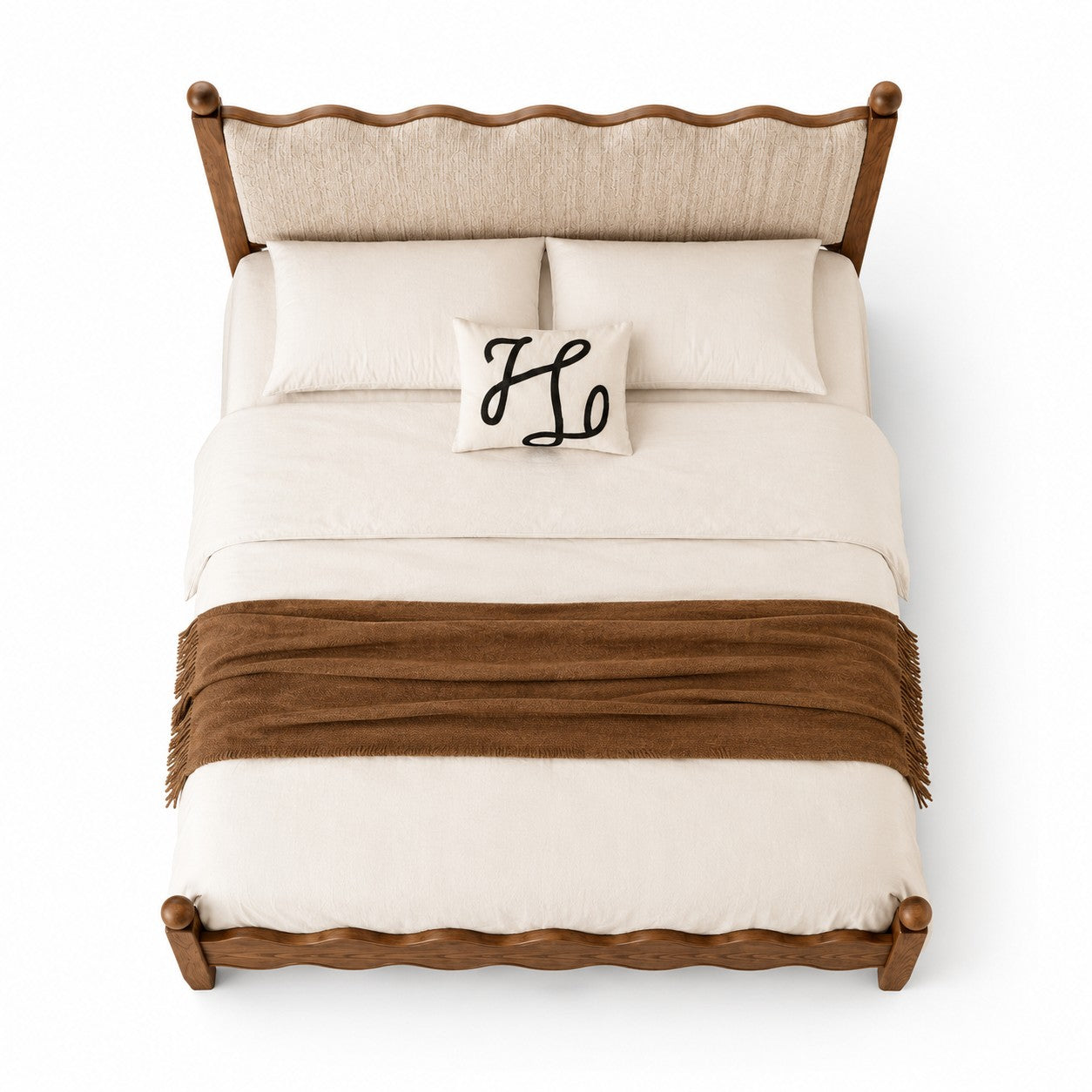 Solid Wood Upholstered Bed Frame – French Country Style Platform Bed with Fabric Headboard