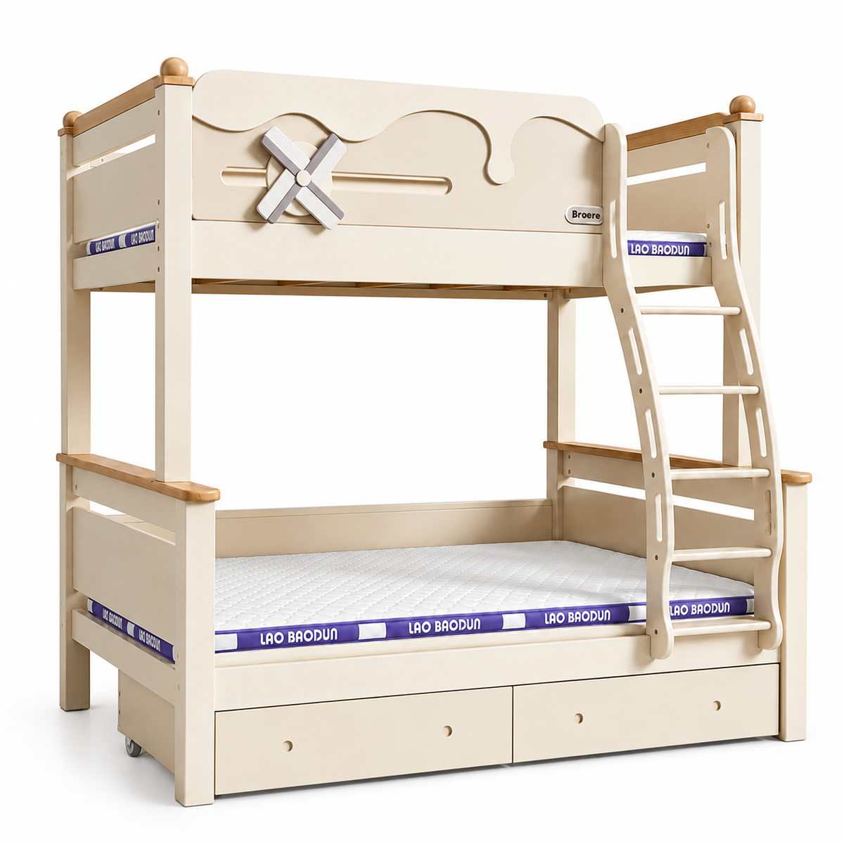 Kooka Living Lumi Kids Windmill Solid Wood Bunk Bed | Cream White Children’s Double Bunk Bed with Storage Drawers, Optional Stair Cabinet & Free Mattresses