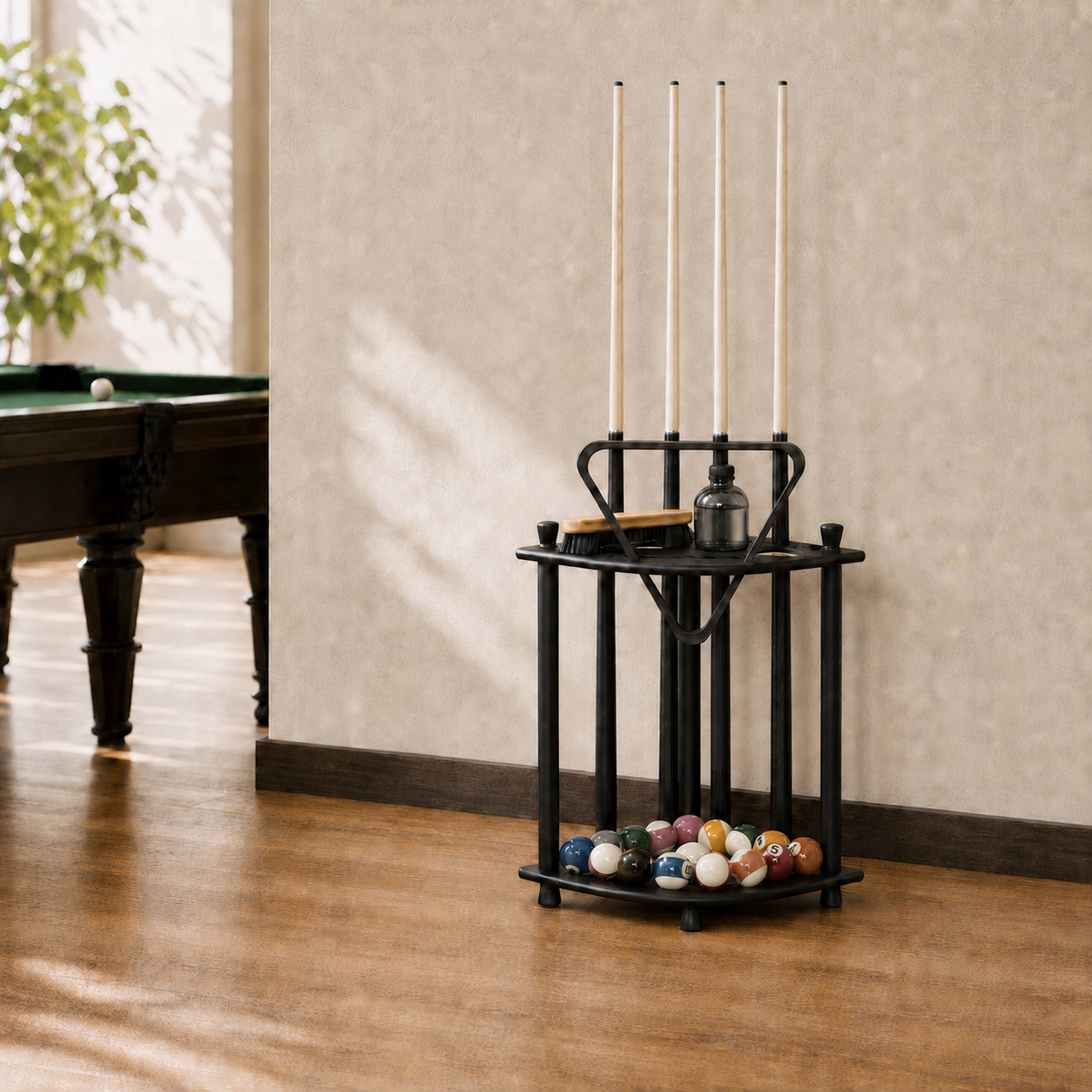 Fan-Shaped Freestanding Wooden Billiard Cue Rack for 8 Pool & Snooker Cues Black/Walnut