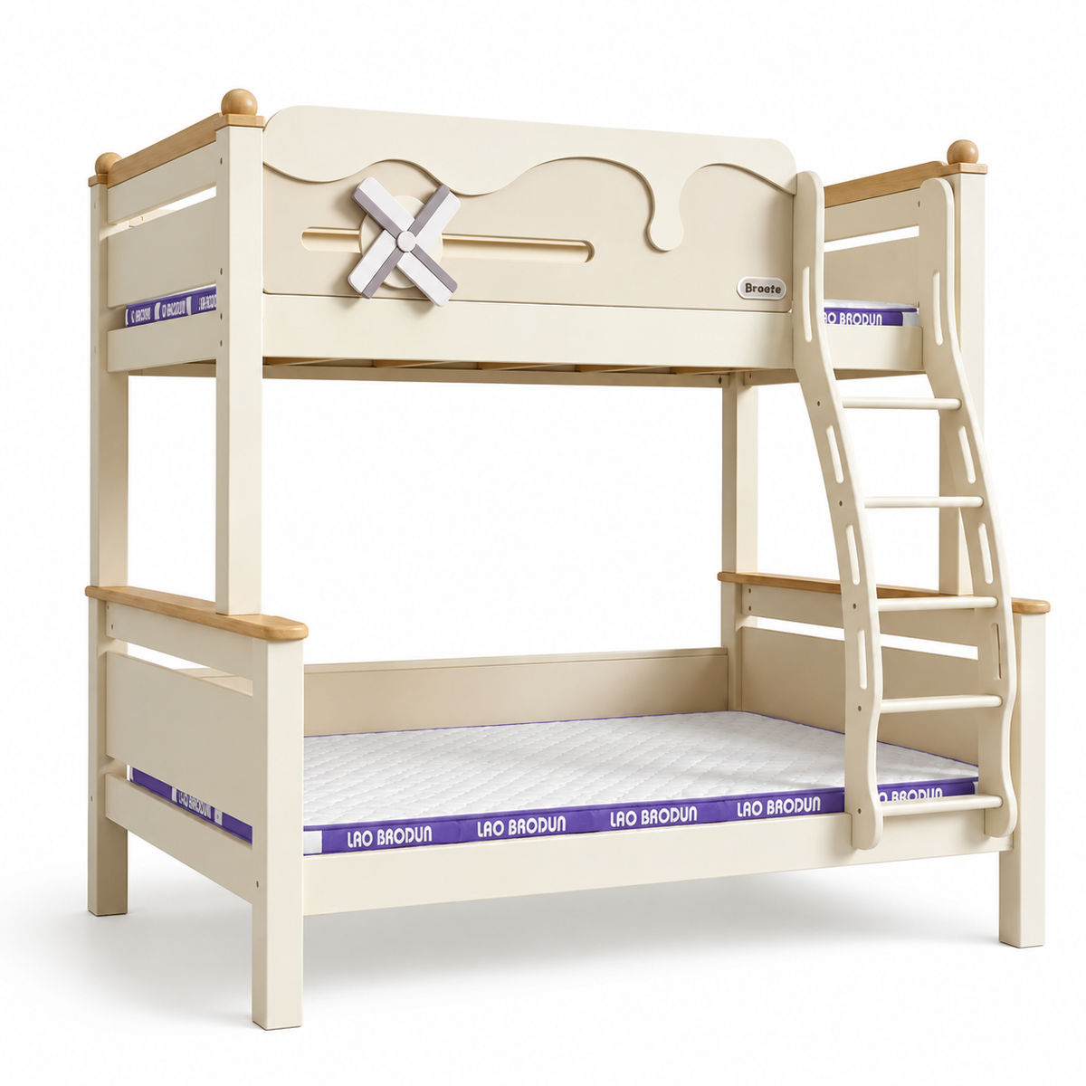 Kooka Living Lumi Kids Windmill Solid Wood Bunk Bed | Cream White Children’s Double Bunk Bed with Storage Drawers, Optional Stair Cabinet & Free Mattresses