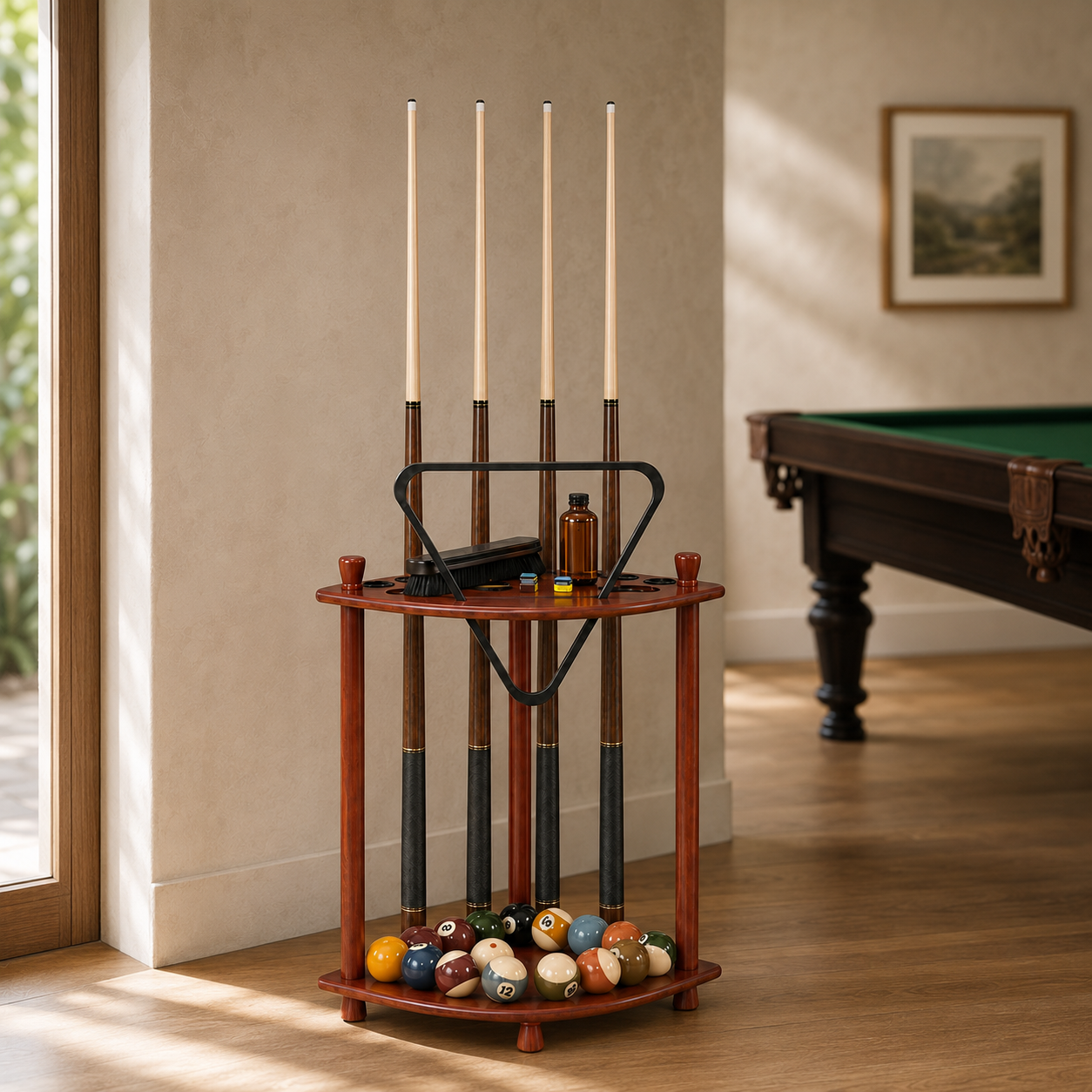 Fan-Shaped Freestanding Wooden Billiard Cue Rack for 8 Pool & Snooker Cues Black/Walnut