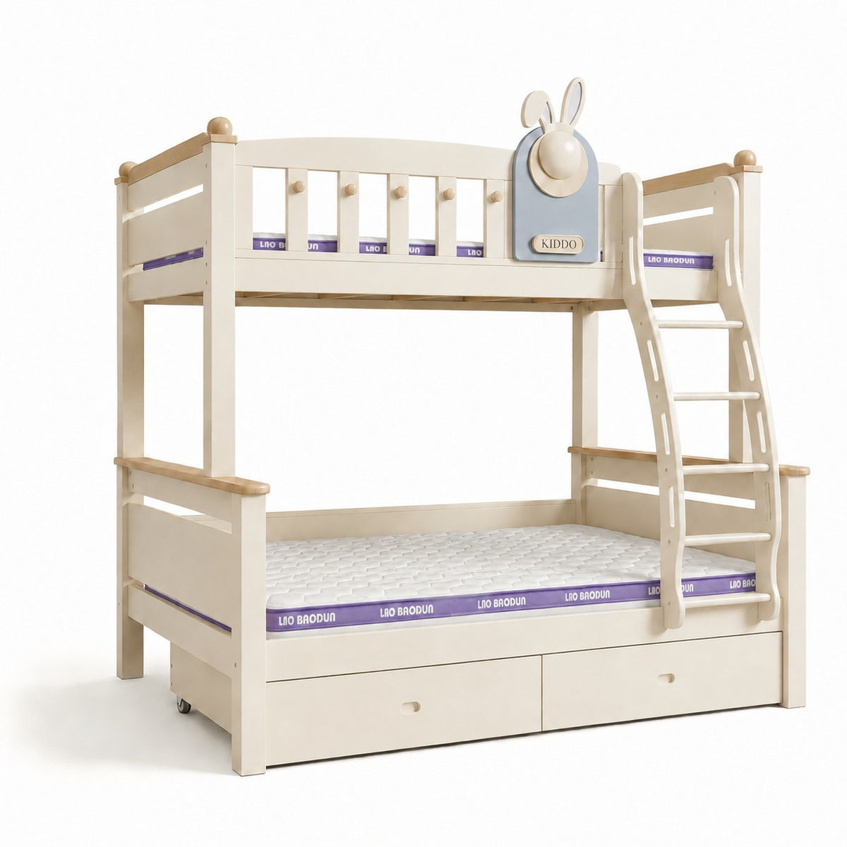 Kooka Living Lumi Kids Bunny Dream Rabbit Bunk Bed | Solid Wood Kids Bed with Storage Drawers, Optional Stair Cabinet & Complimentary Mattress