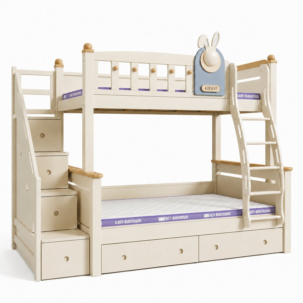 Kooka Living Lumi Kids Bunny Dream Rabbit Bunk Bed | Solid Wood Kids Bed with Storage Drawers, Optional Stair Cabinet & Complimentary Mattress