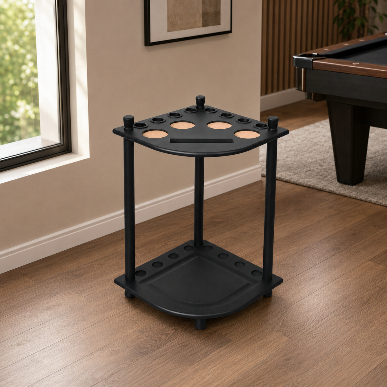 Fan-Shaped Freestanding Wooden Billiard Cue Rack for 8 Pool & Snooker Cues Black/Walnut