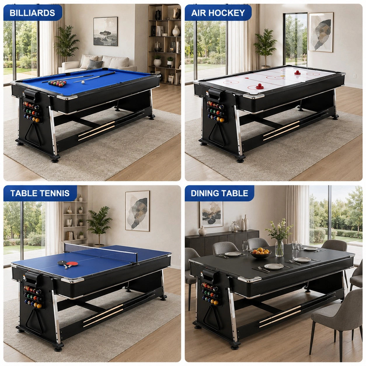 7FT 4-IN-1 Multi-Functional  Convertible Table / Pool Table – BLACK/WALNUT/WHITE