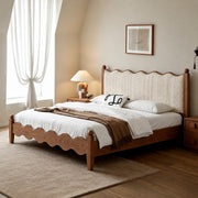 Solid Wood Upholstered Bed Frame – French Country Style Platform Bed with Fabric Headboard