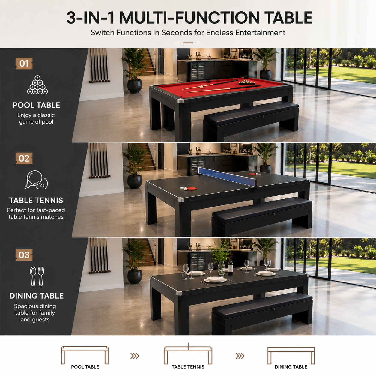 Majestic 3-IN-1 MDF Pool Table 7FT | Dining & Table Tennis Combo with Benches