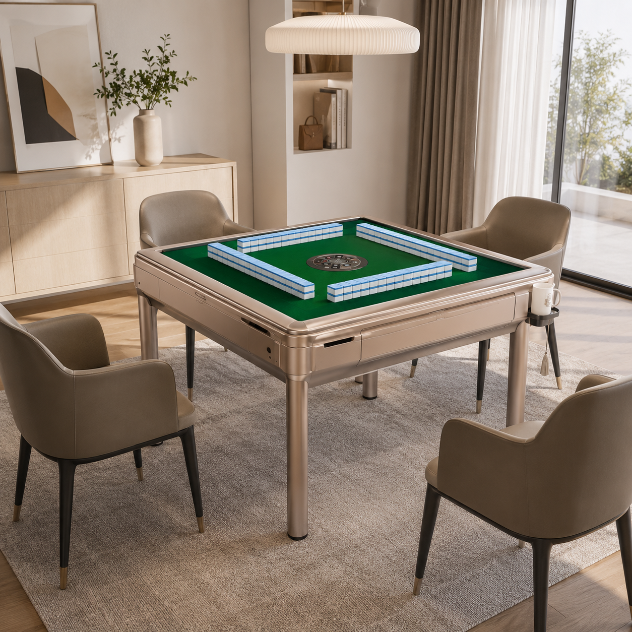 Champagne\Silver Gray Dual-Use Mahjong Table – Silent Operation, Fully Automatic - 2 Sets 144 Tiles