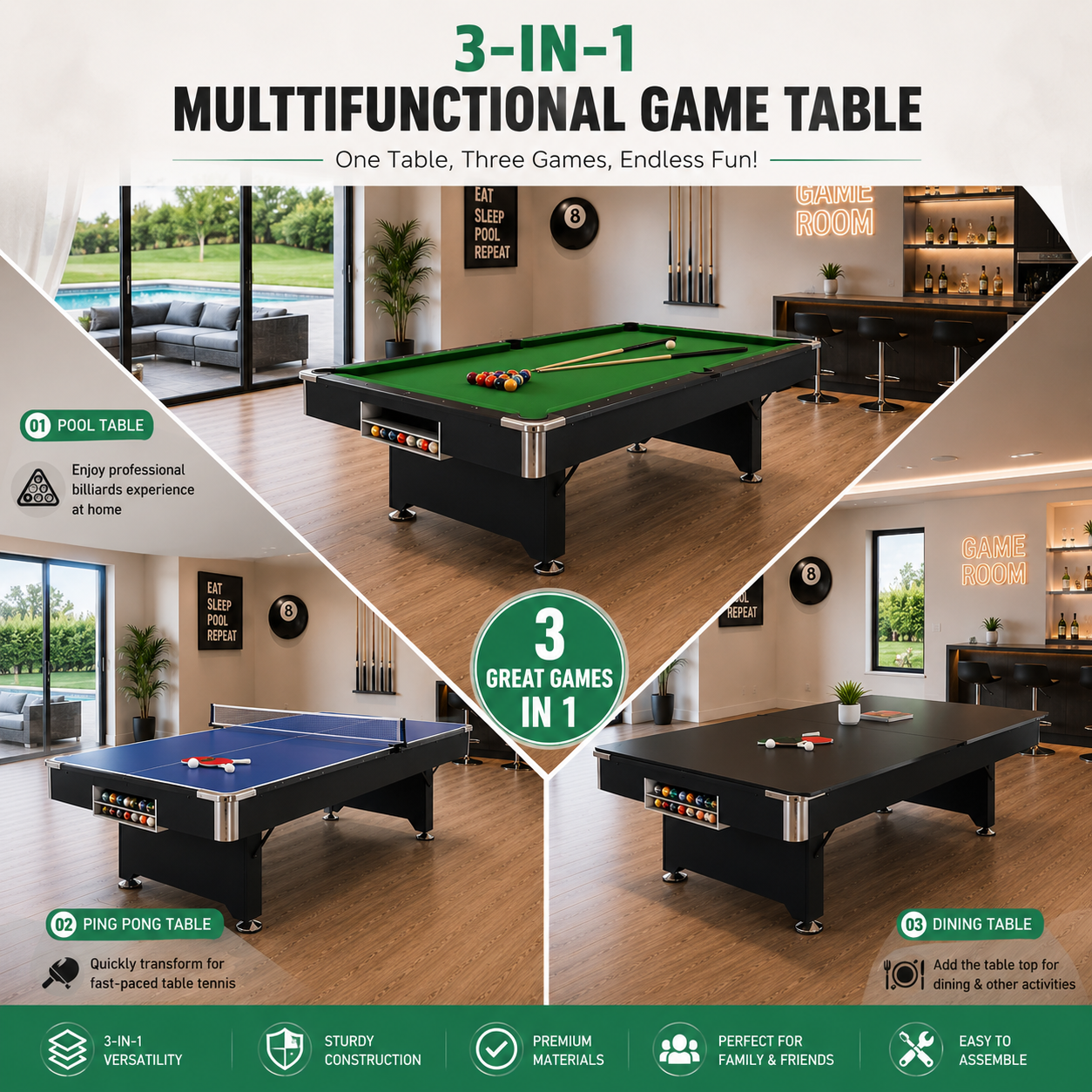Zenta Foldable Pool Table/Billiard Table/Ping Pang table/Conference table/Independent Table/Table With 3-in-1– 7FT/8FT