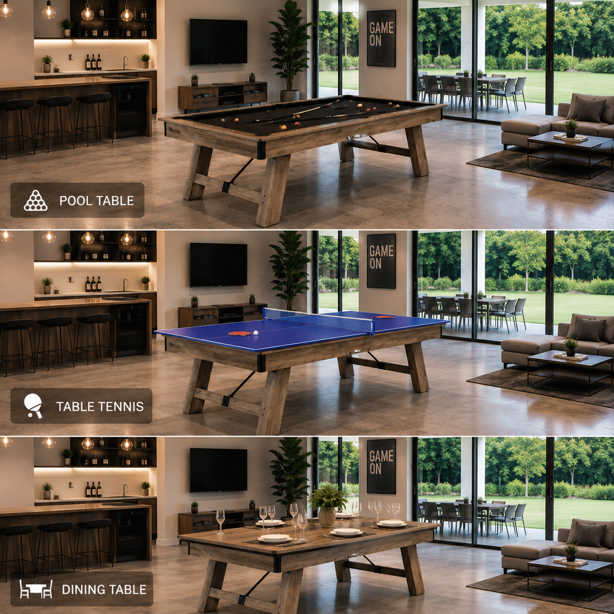 Alisi 7FT/8FT 3-IN-1 Multi-Functional Table/Pool Table/Table Tennis Table/Dining Table – Black Felt