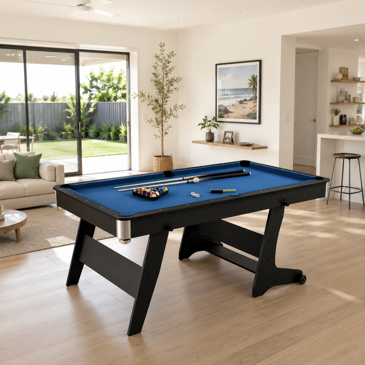 6FT Home Pool Table Foldable Billiard Table Multi Functional Pool Table - Blue Felt
