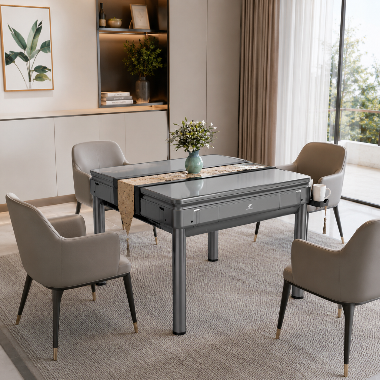 Champagne\Silver Gray Dual-Use Mahjong Table – Silent Operation, Fully Automatic - 2 Sets 144 Tiles