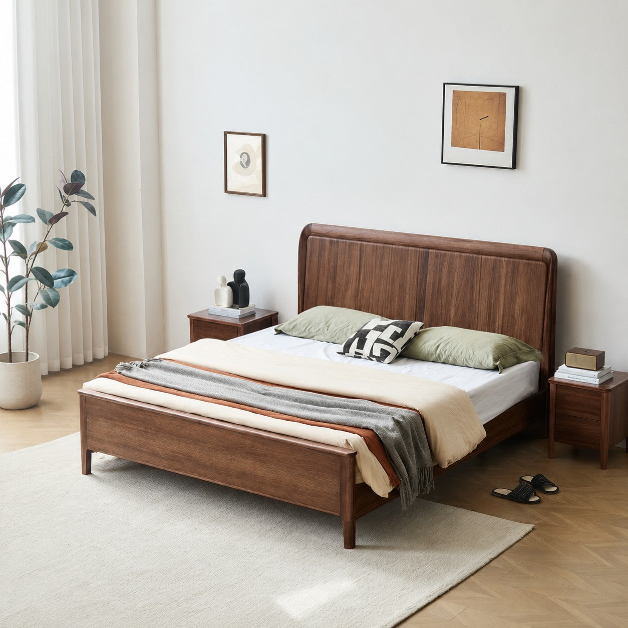 Solid Wood Queen Bed Frame – Modern Walnut Platform Bed with Tall Headboard for Contemporary Bedrooms
