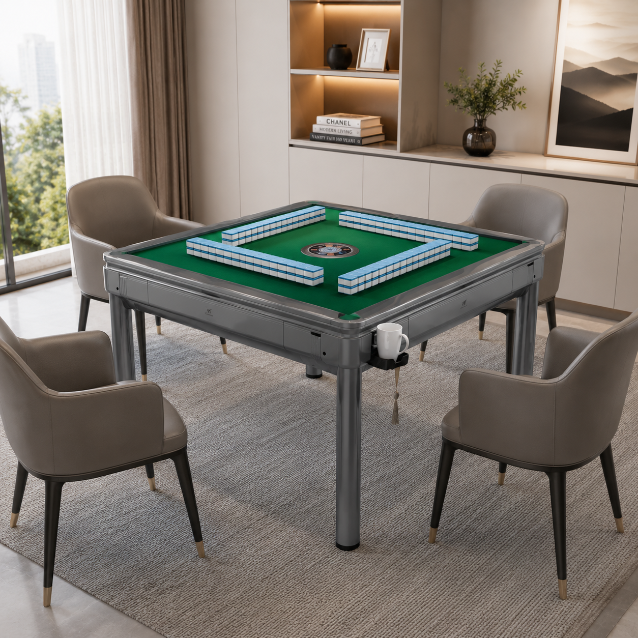 Champagne\Silver Gray Dual-Use Mahjong Table – Silent Operation, Fully Automatic - 2 Sets 144 Tiles