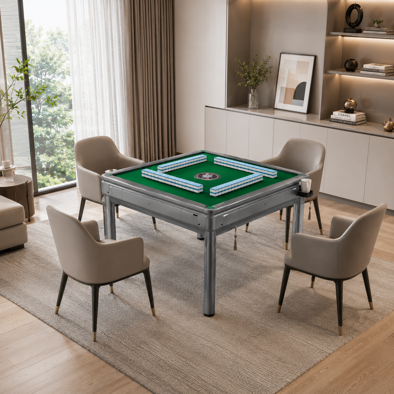 Champagne\Silver Gray Dual-Use Mahjong Table – Silent Operation, Fully Automatic - 2 Sets 144 Tiles