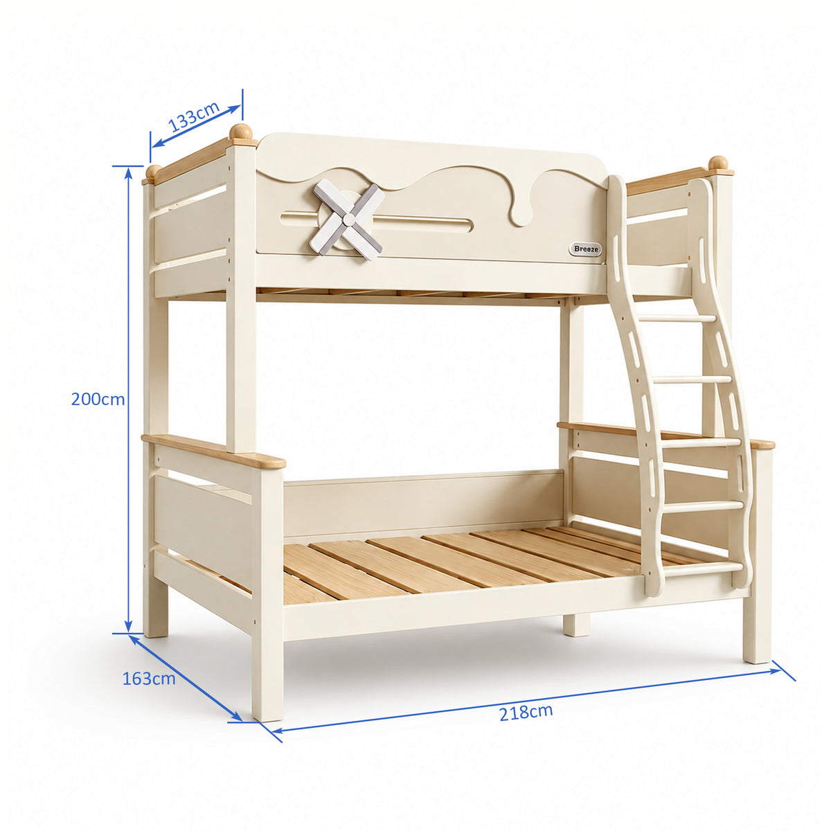 Kooka Living Lumi Kids Windmill Solid Wood Bunk Bed | Cream White Children’s Double Bunk Bed with Storage Drawers, Optional Stair Cabinet & Free Mattresses