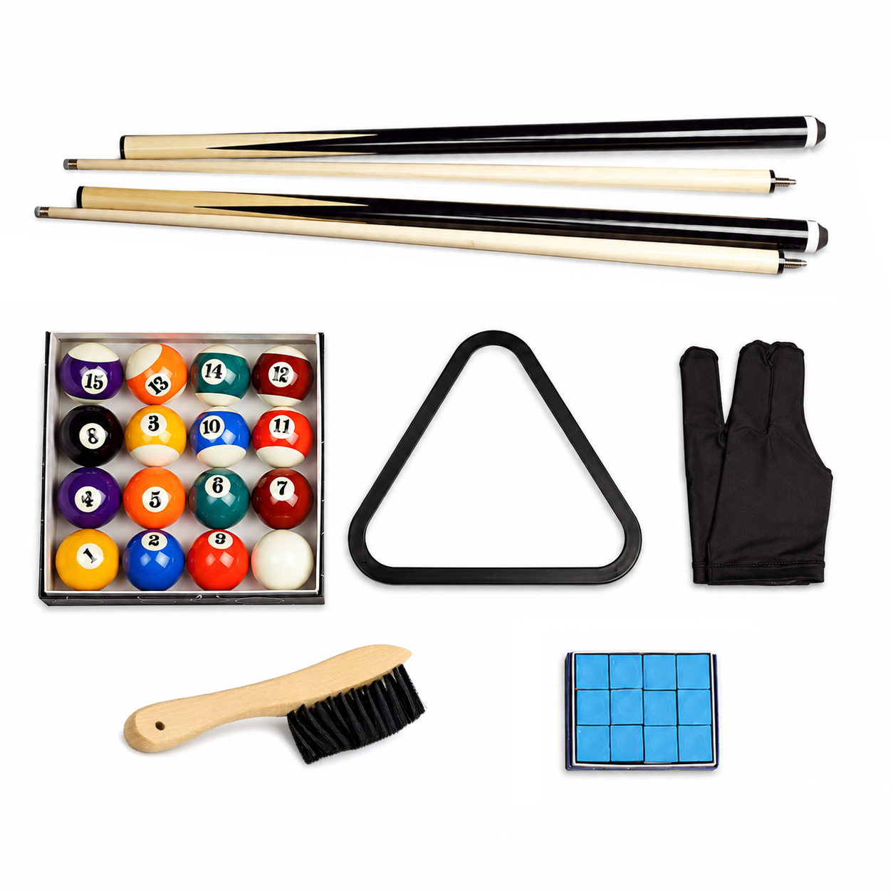 American-Style Billiard Accessories Set with Cue Sticks, Balls, Triangle Rack, Gloves, Brush & Chalk