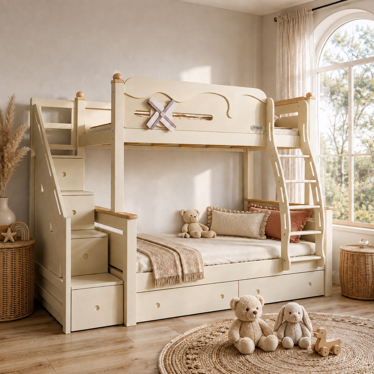 Kooka Living Lumi Kids Windmill Solid Wood Bunk Bed | Cream White Children’s Double Bunk Bed with Storage Drawers, Optional Stair Cabinet & Free Mattresses