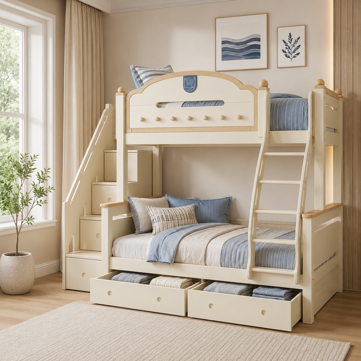 Kooka Living Lumi Kids Dream Castle Bunk Bed | Solid Wood Children’s Double Bunk Bed with Storage Drawers, Optional Stair Cabinet & Complimentary Mattress