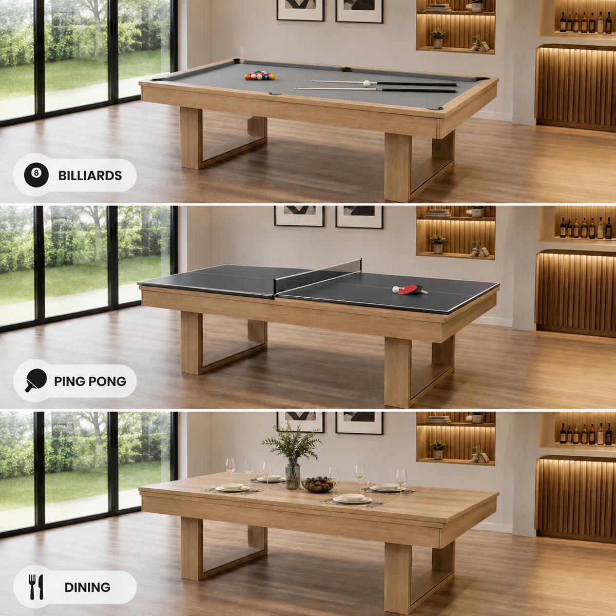 Kooka Living FORMA PLUS-V2 7FT/8FT 3-IN-1 Pool Table | Billiard, Table Tennis & Dining Combo