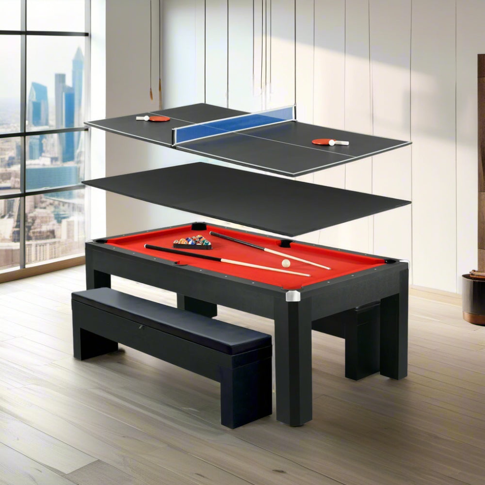 Majestic 3-IN-1 MDF Pool Table 7FT | Dining & Table Tennis Combo with Benches