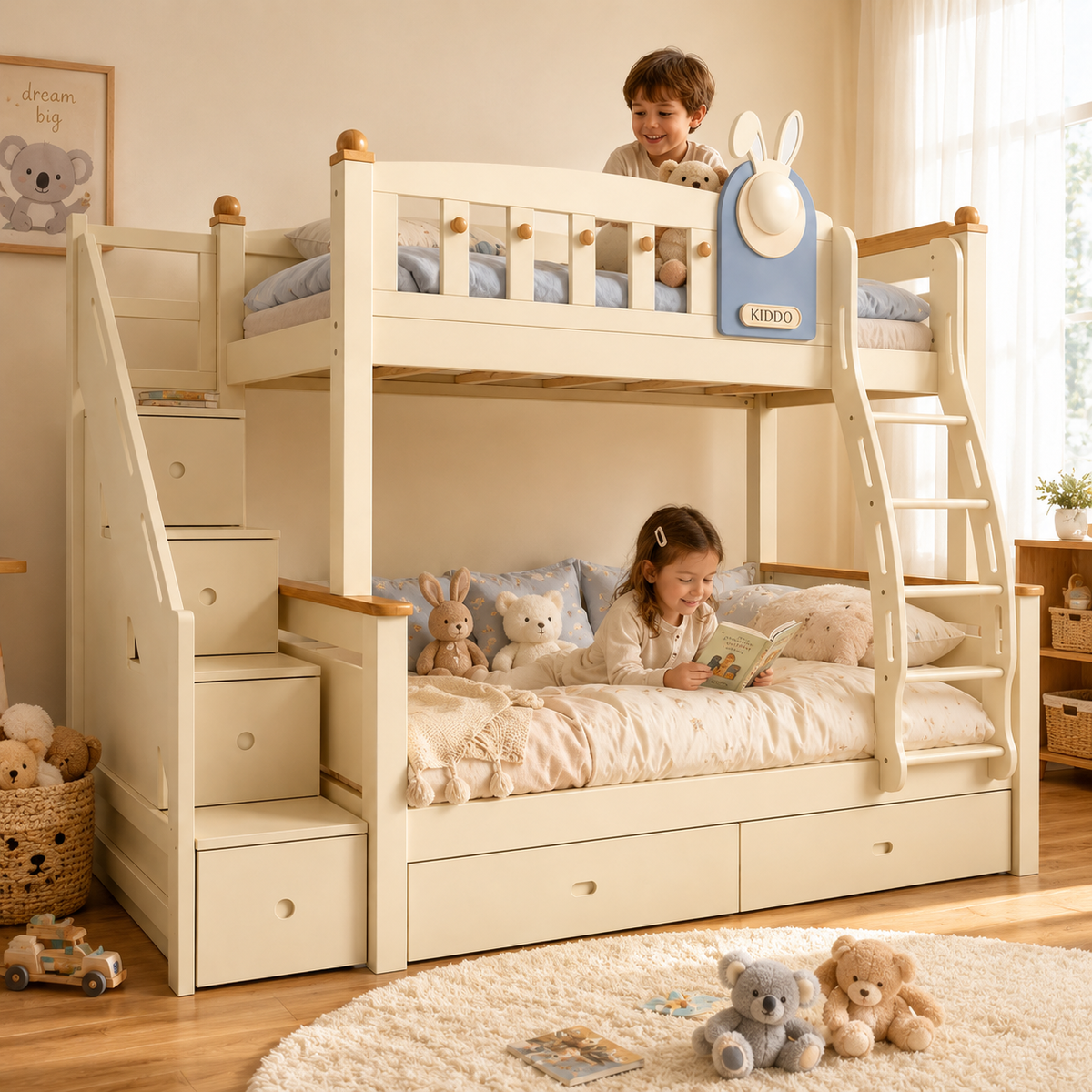 Kooka Living Lumi Kids Bunny Dream Rabbit Bunk Bed | Solid Wood Kids Bed with Storage Drawers, Optional Stair Cabinet & Complimentary Mattress