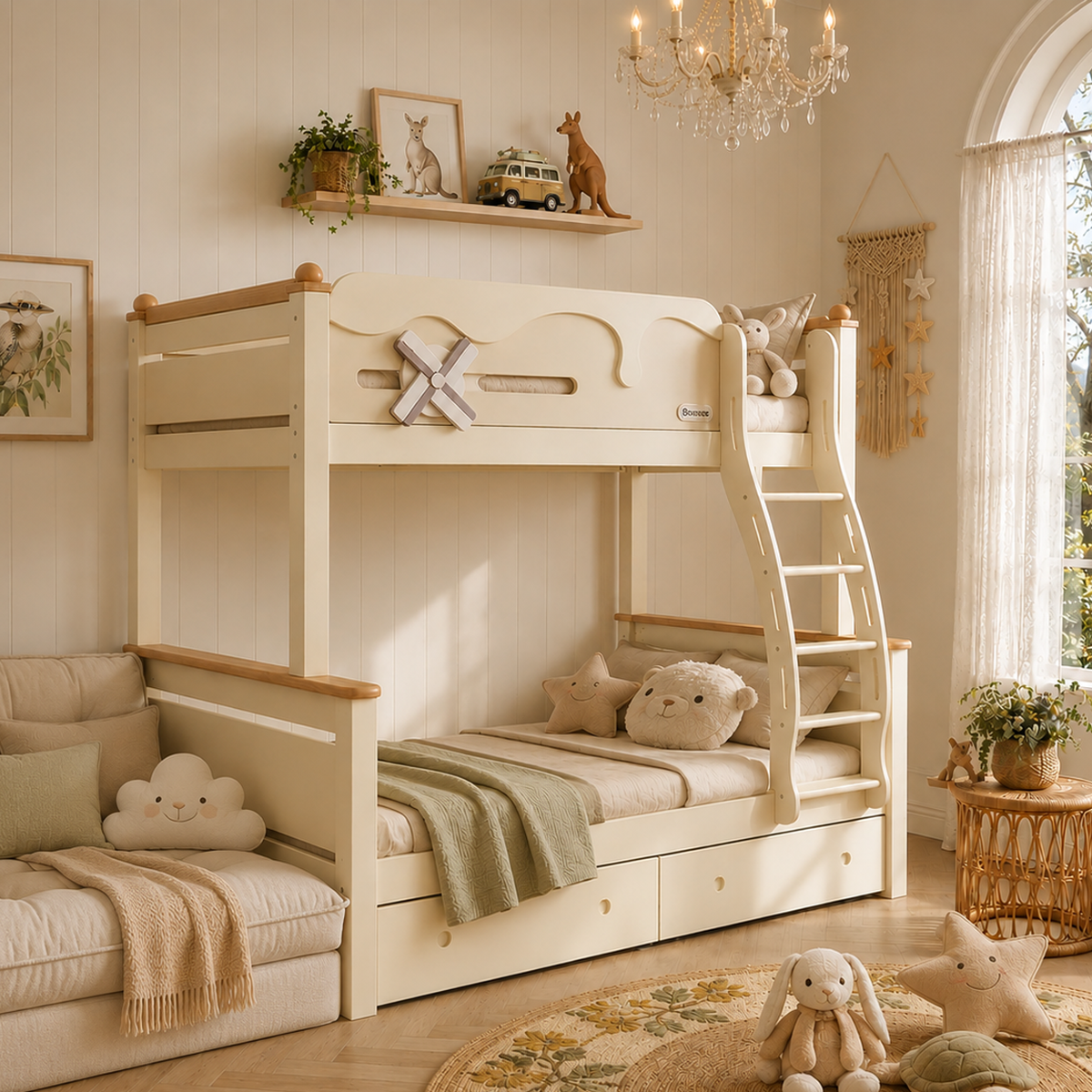 Kooka Living Lumi Kids Windmill Solid Wood Bunk Bed | Cream White Children’s Double Bunk Bed with Storage Drawers, Optional Stair Cabinet & Free Mattresses