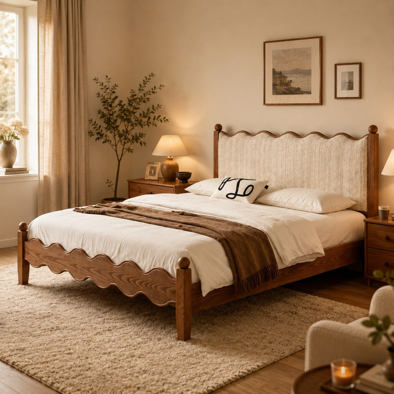 Solid Wood Upholstered Bed Frame – French Country Style Platform Bed with Fabric Headboard