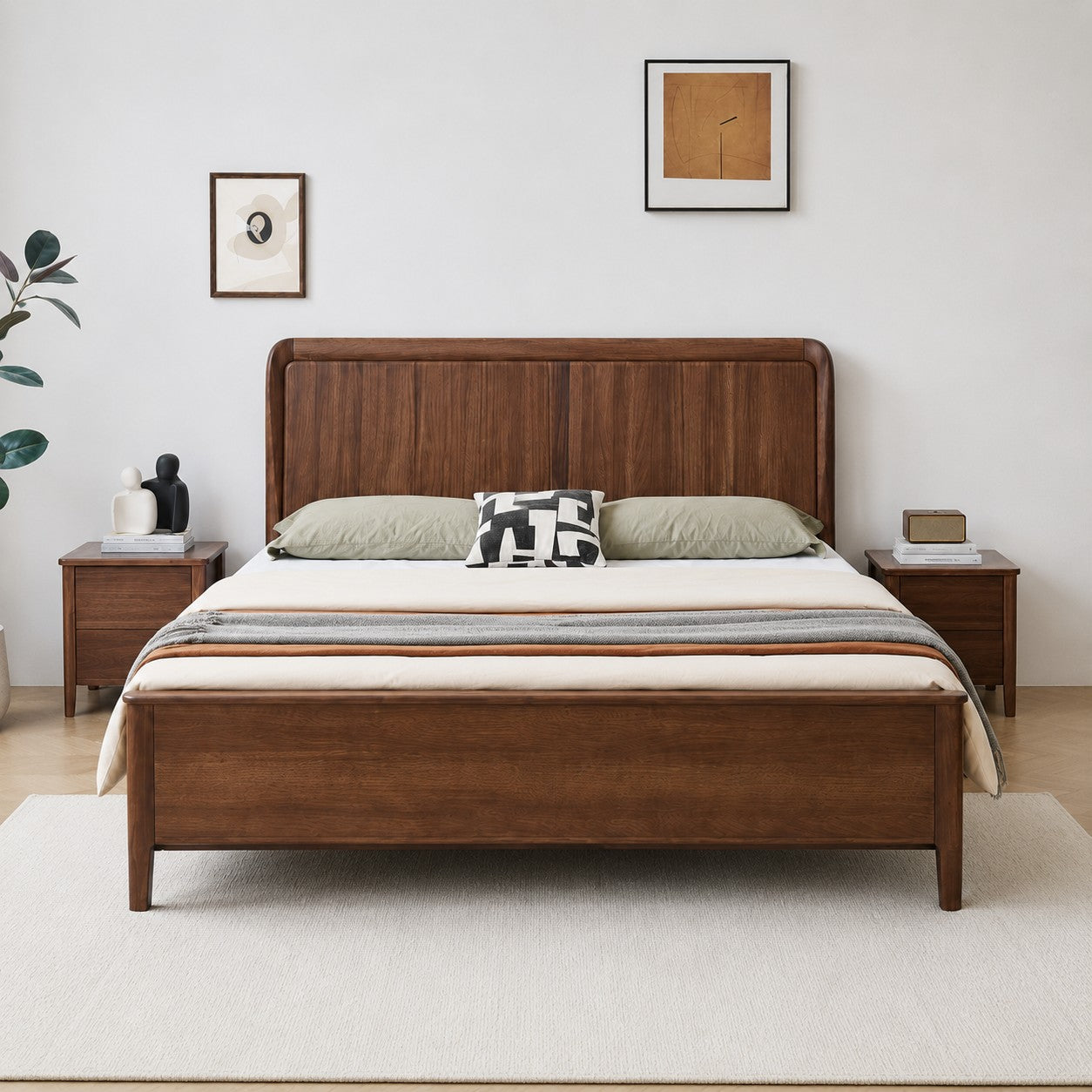 Solid Wood Queen Bed Frame – Modern Walnut Platform Bed with Tall Headboard for Contemporary Bedrooms