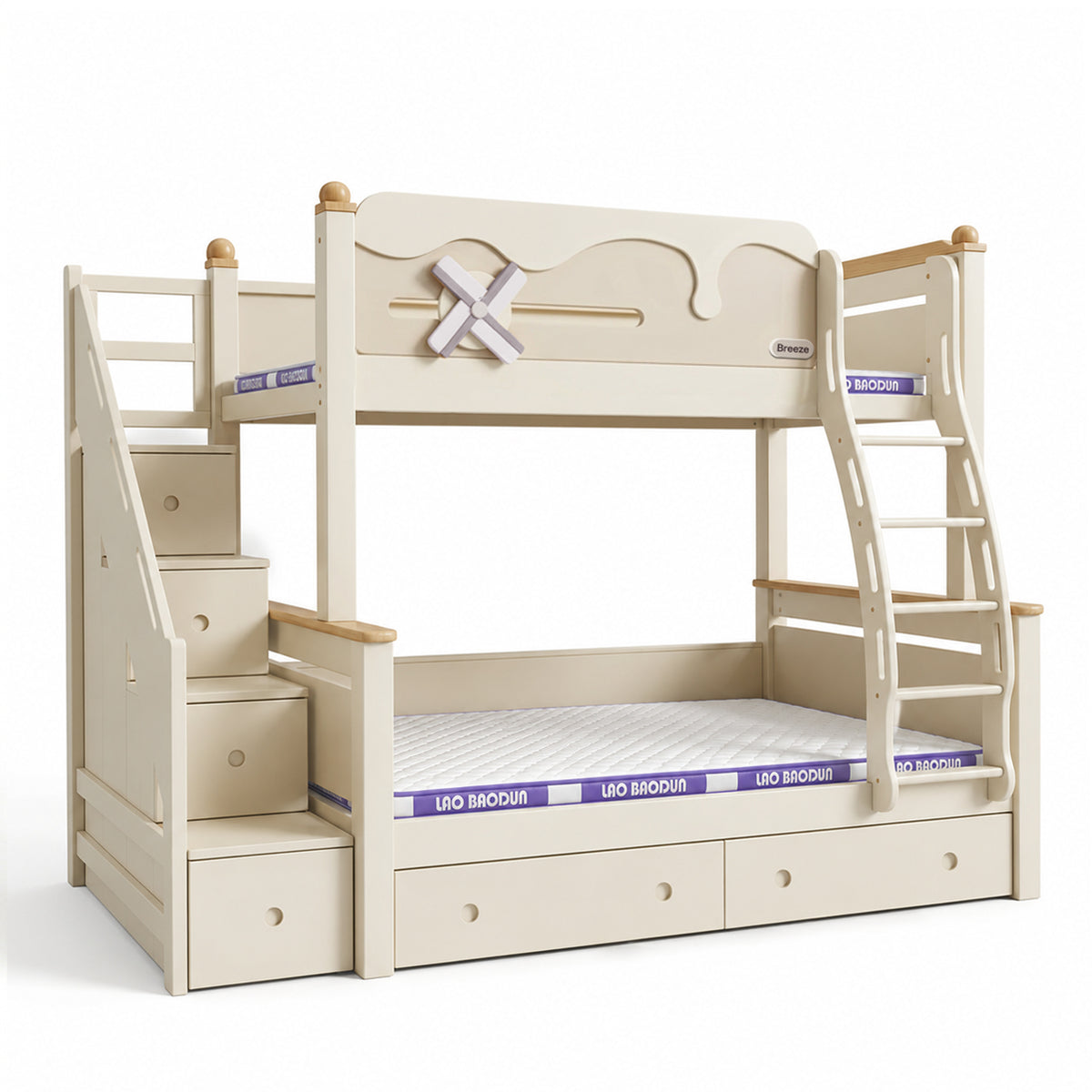 Kooka Living Lumi Kids Windmill Solid Wood Bunk Bed | Cream White Children’s Double Bunk Bed with Storage Drawers, Optional Stair Cabinet & Free Mattresses