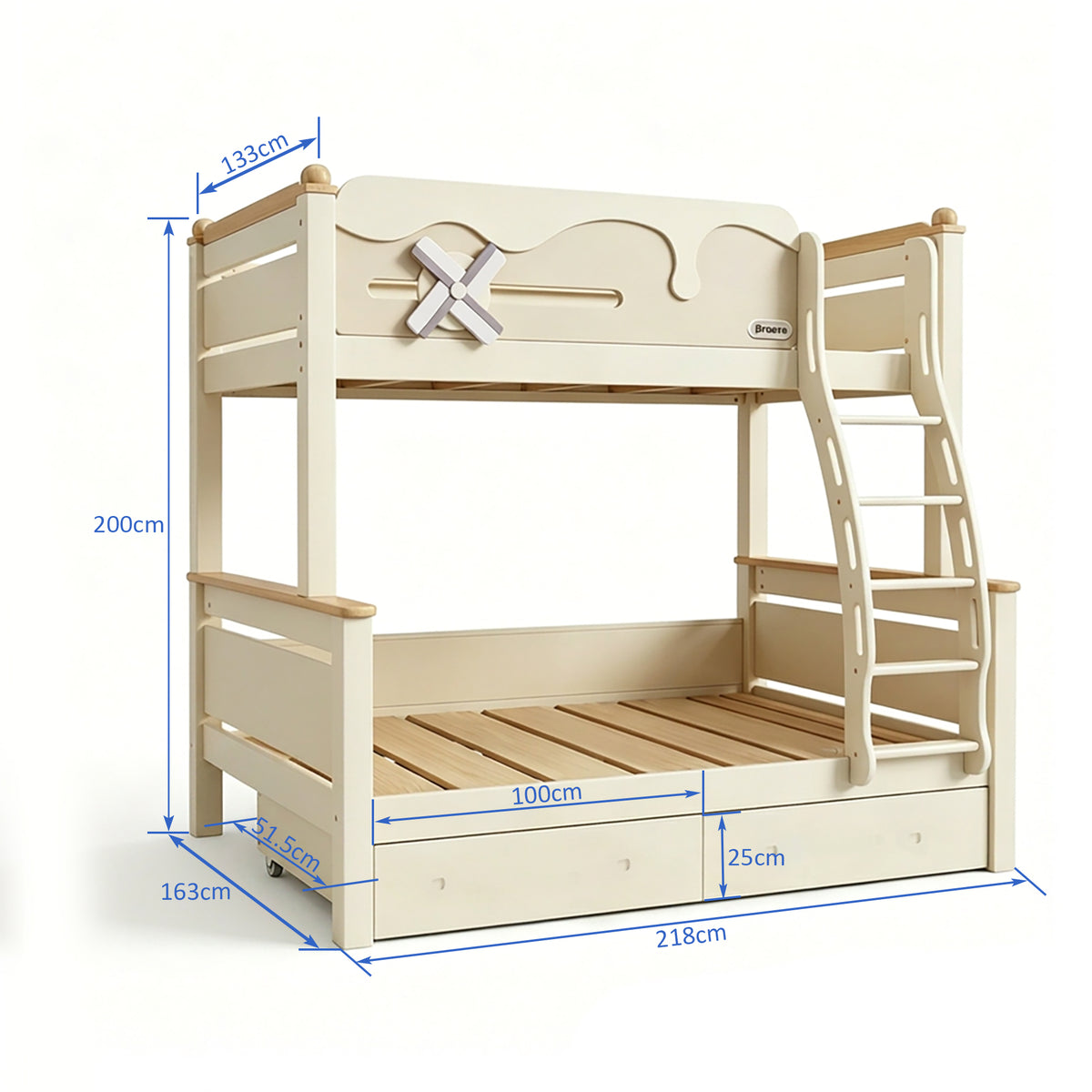 Kooka Living Lumi Kids Windmill Solid Wood Bunk Bed | Cream White Children’s Double Bunk Bed with Storage Drawers, Optional Stair Cabinet & Free Mattresses