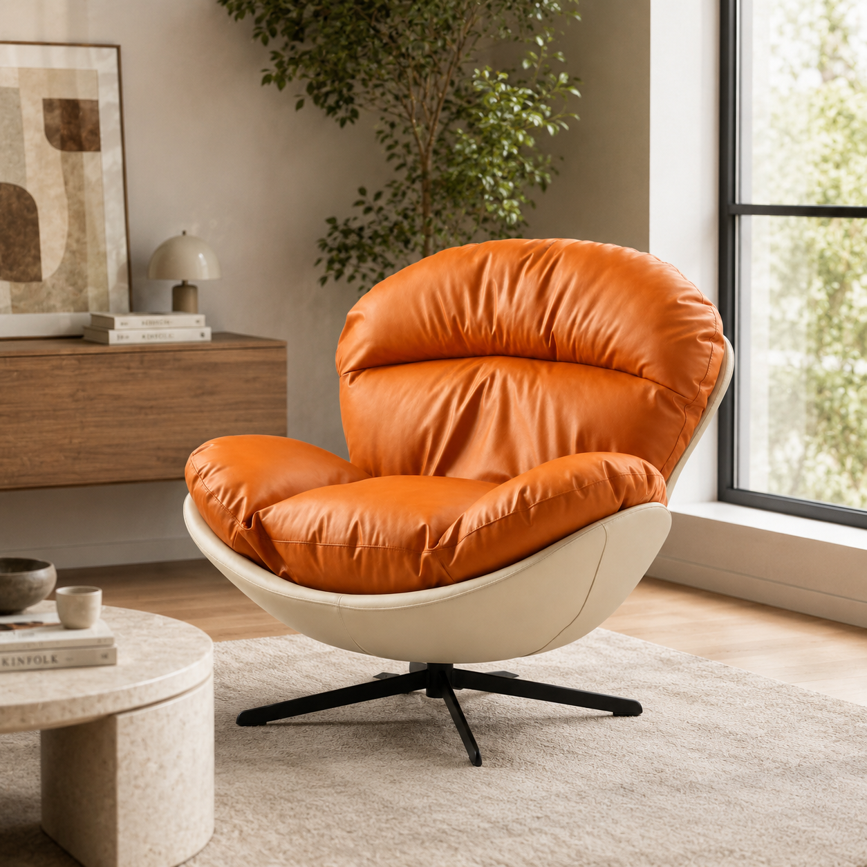 Modern Ergonomic Wingback Swivel Chair | 360° Rotatable Reclining Lounge Chair with PU Leather Upholstery & Plush Cushion Comfort