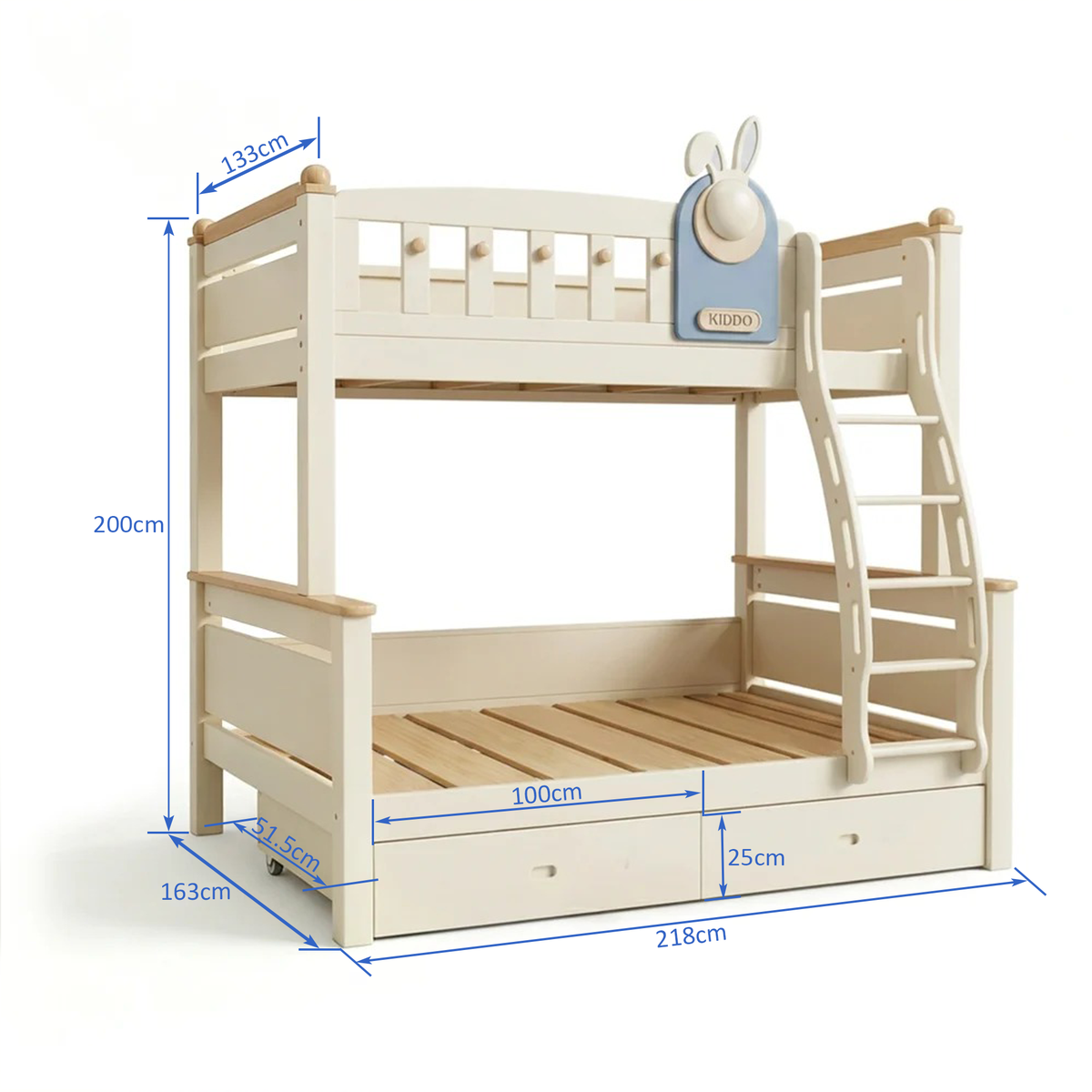 Kooka Living Lumi Kids Bunny Dream Rabbit Bunk Bed | Solid Wood Kids Bed with Storage Drawers, Optional Stair Cabinet & Complimentary Mattress