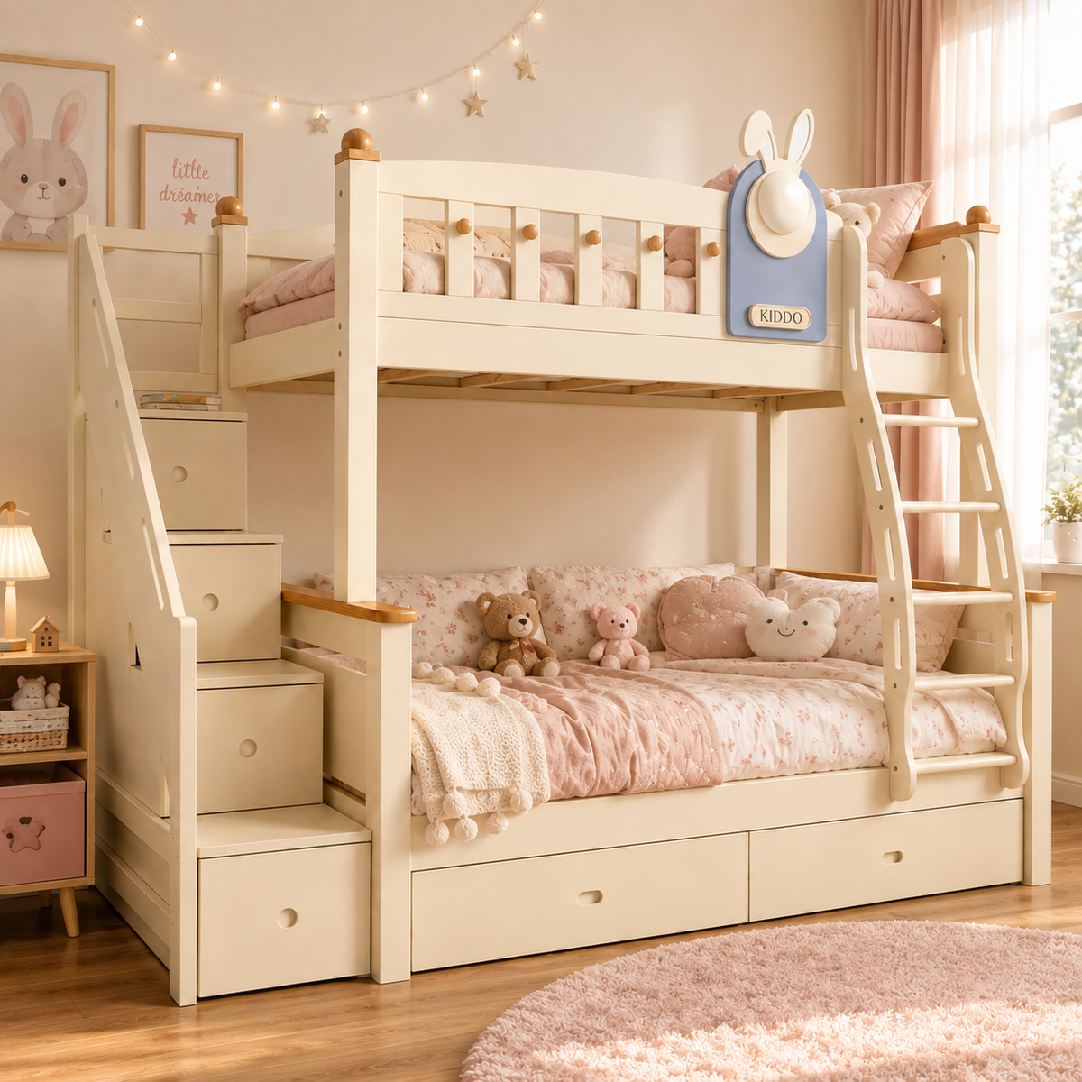 Kooka Living Lumi Kids Bunny Dream Rabbit Bunk Bed | Solid Wood Kids Bed with Storage Drawers, Optional Stair Cabinet & Complimentary Mattress
