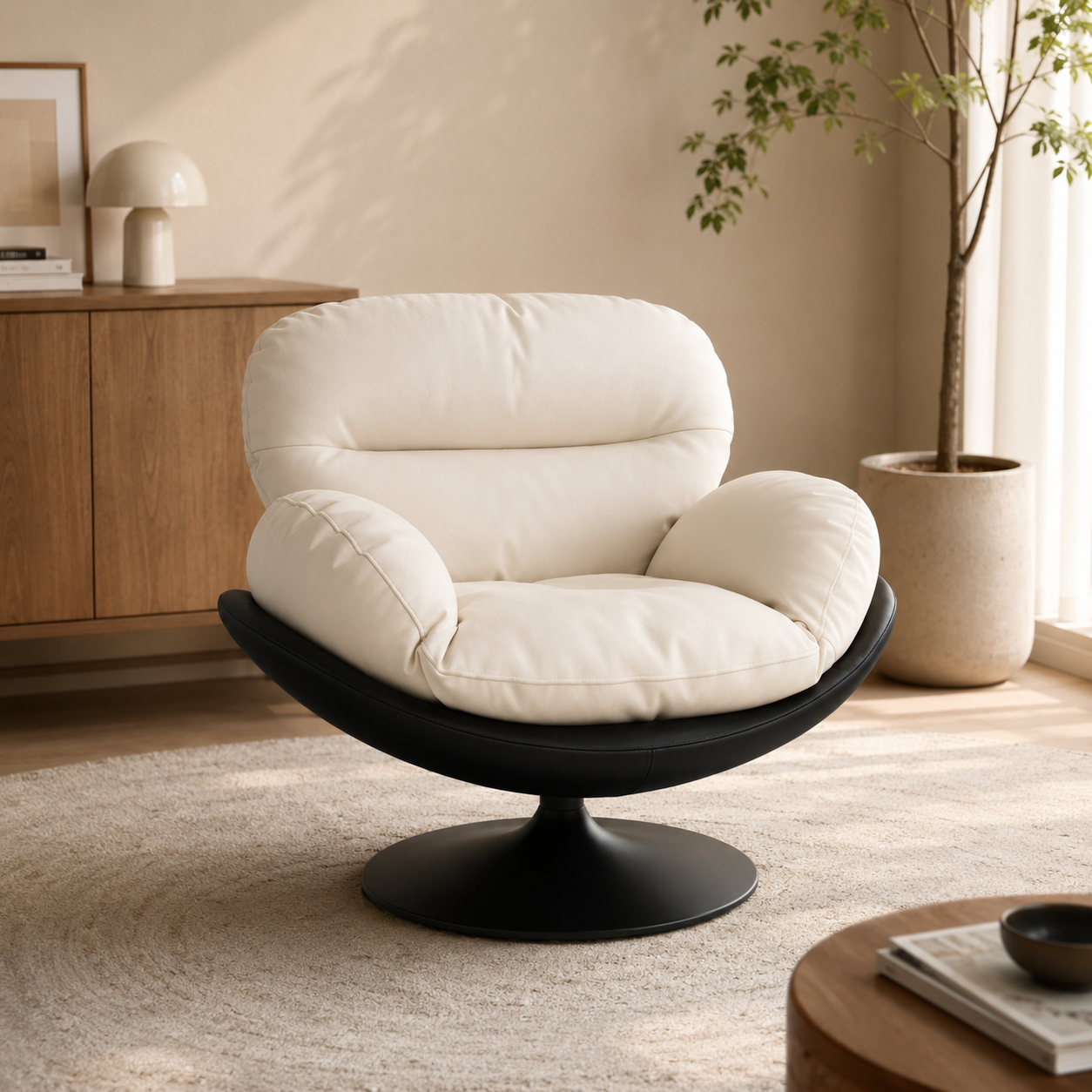 Modern Beige Swivel Accent Chair | Ergonomic Lounge Chair with Pillow Back Cushion, 360° Rotating Base & Premium PU Leather Upholstery