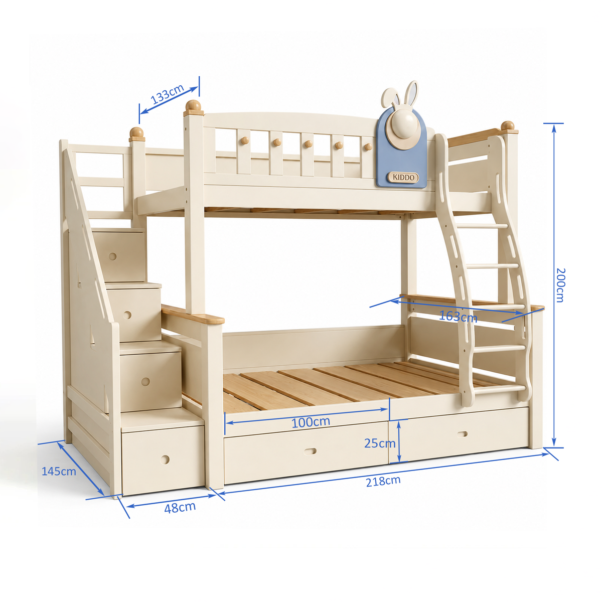 Kooka Living Lumi Kids Bunny Dream Rabbit Bunk Bed | Solid Wood Kids Bed with Storage Drawers, Optional Stair Cabinet & Complimentary Mattress