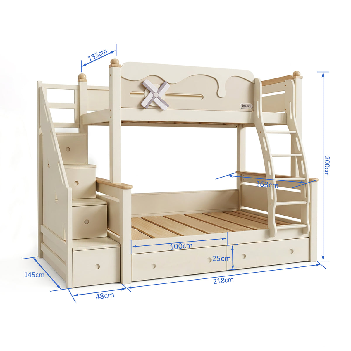 Kooka Living Lumi Kids Windmill Solid Wood Bunk Bed | Cream White Children’s Double Bunk Bed with Storage Drawers, Optional Stair Cabinet & Free Mattresses