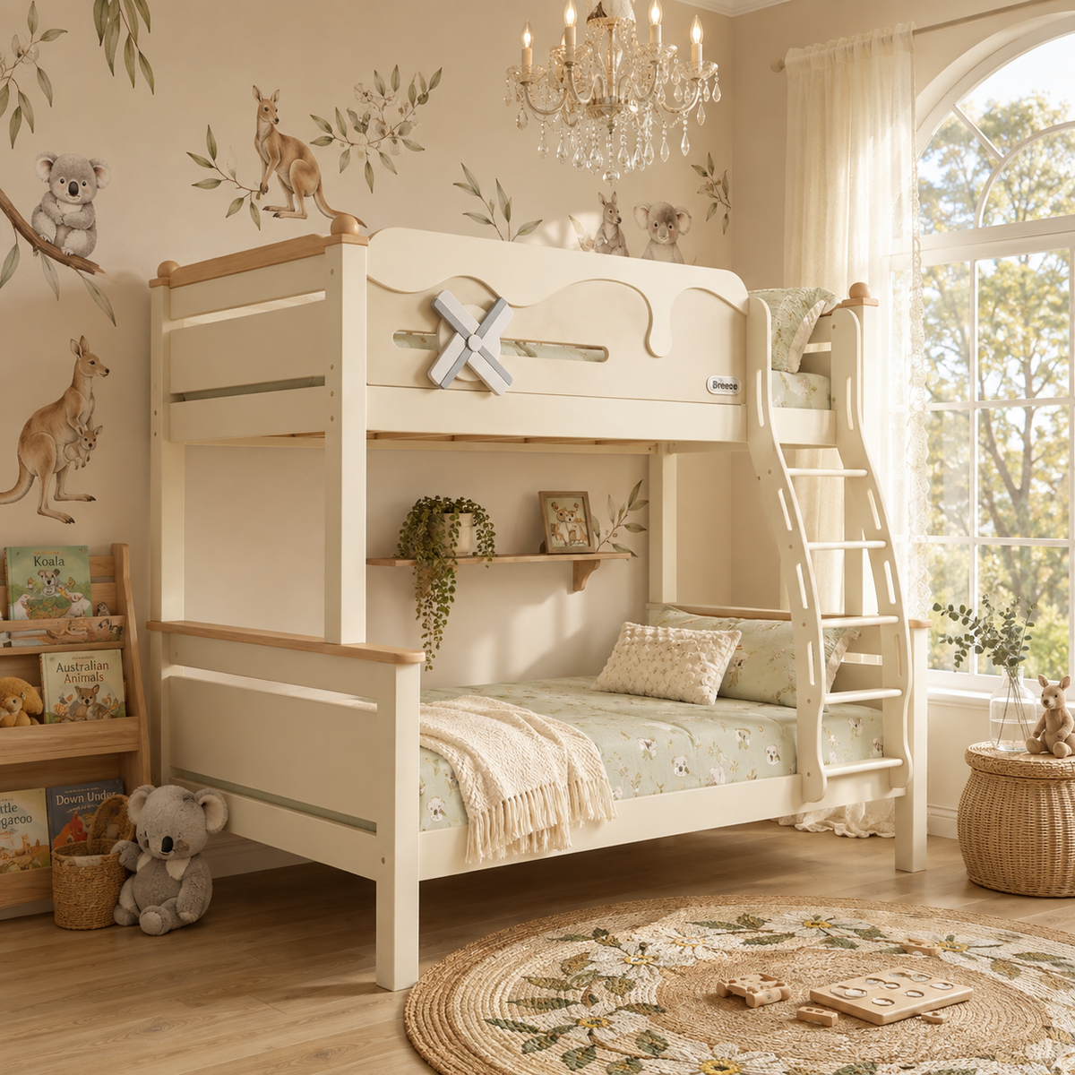 Kooka Living Lumi Kids Windmill Solid Wood Bunk Bed | Cream White Children’s Double Bunk Bed with Storage Drawers, Optional Stair Cabinet & Free Mattresses