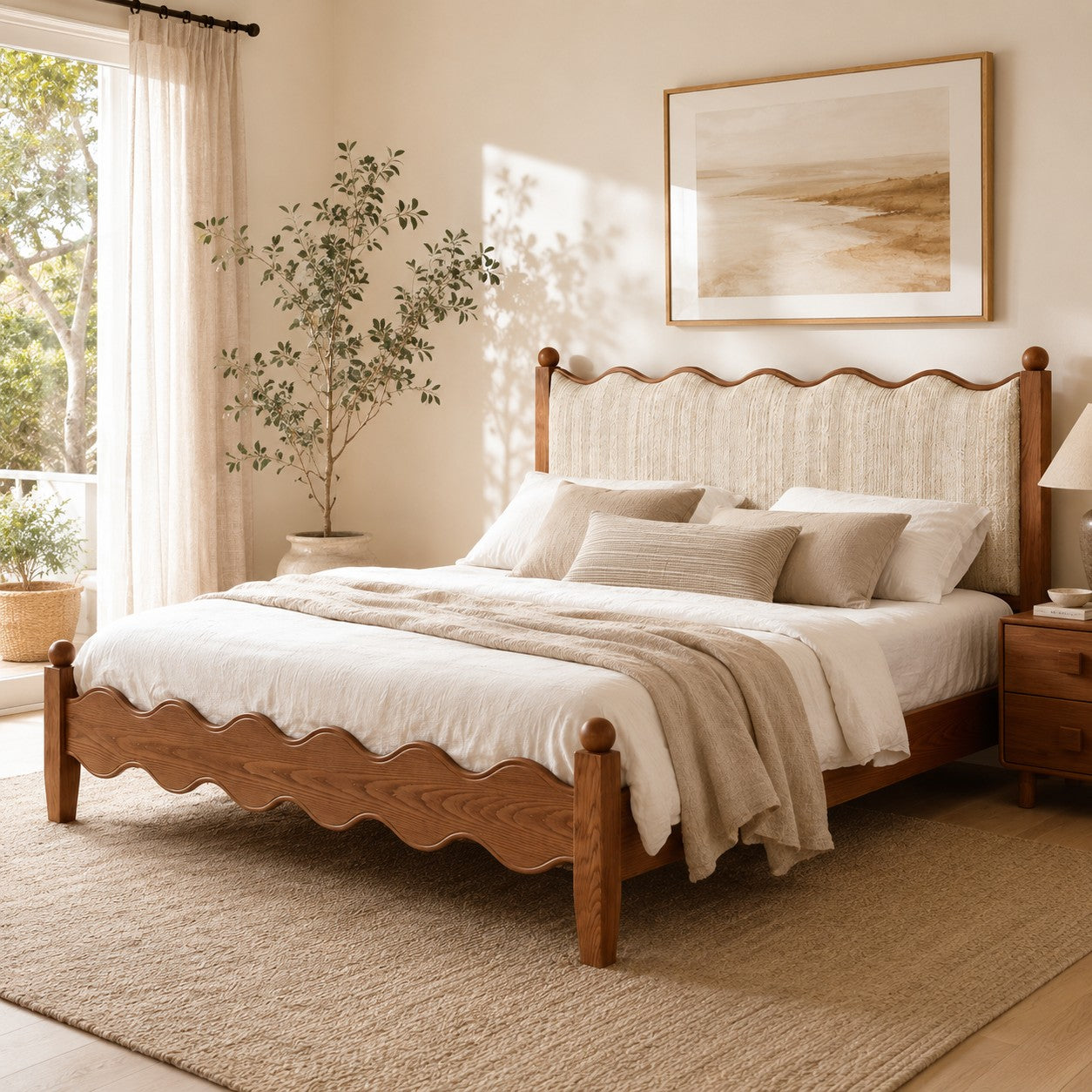 Solid Wood Upholstered Bed Frame – French Country Style Platform Bed with Fabric Headboard