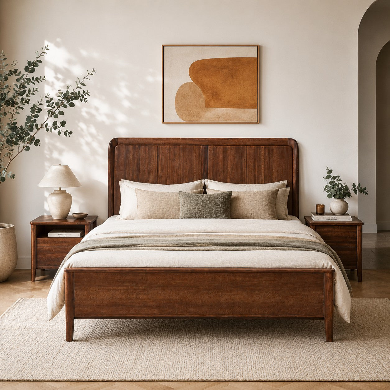 Solid Wood Queen Bed Frame – Modern Walnut Platform Bed with Tall Headboard for Contemporary Bedrooms
