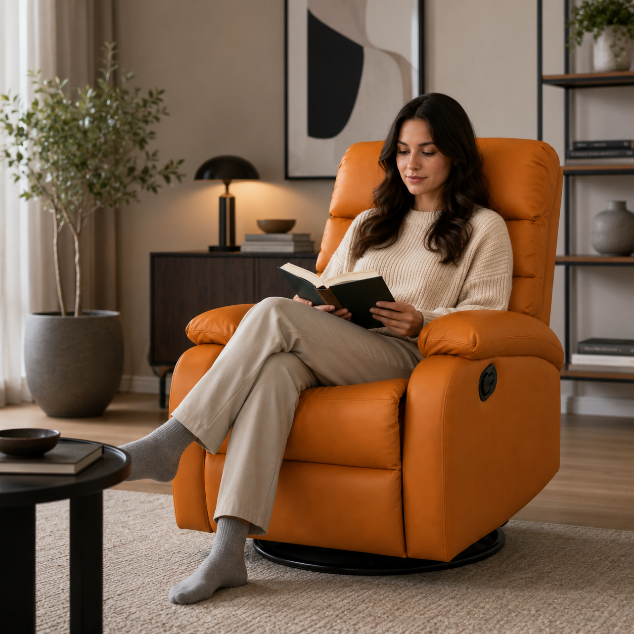Convertible Lazy Sofa Chair | Reclining Swivel Lounge Chair with Rocking Function, Extendable Footrest & PU Leather Upholstery