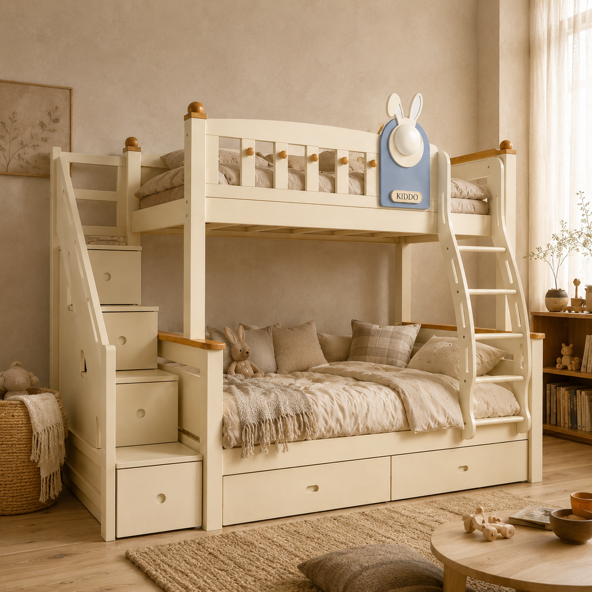 Kooka Living Lumi Kids Bunny Dream Rabbit Bunk Bed | Solid Wood Kids Bed with Storage Drawers, Optional Stair Cabinet & Complimentary Mattress