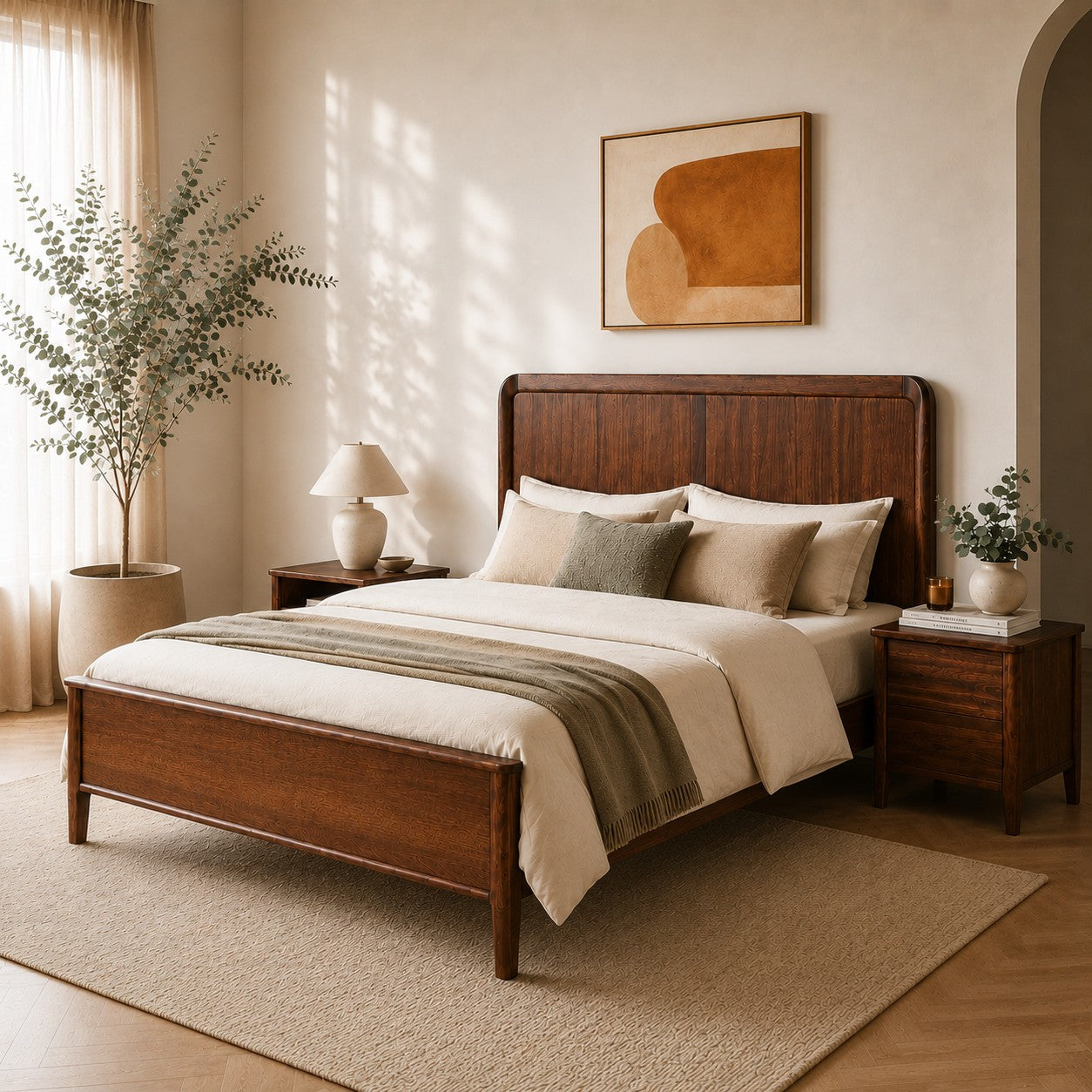 Solid Wood Queen Bed Frame – Modern Walnut Platform Bed with Tall Headboard for Contemporary Bedrooms
