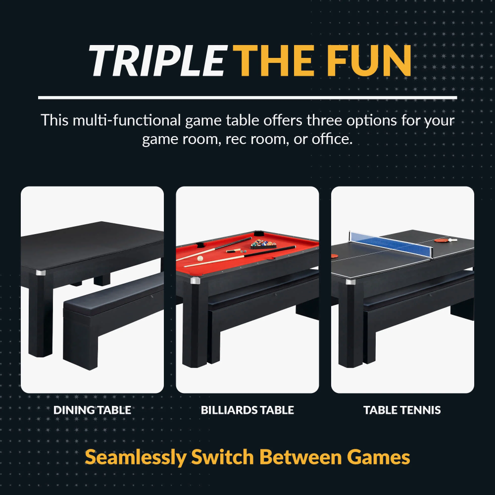 Majestic 3-IN-1 MDF Pool Table 7FT | Dining & Table Tennis Combo with Benches