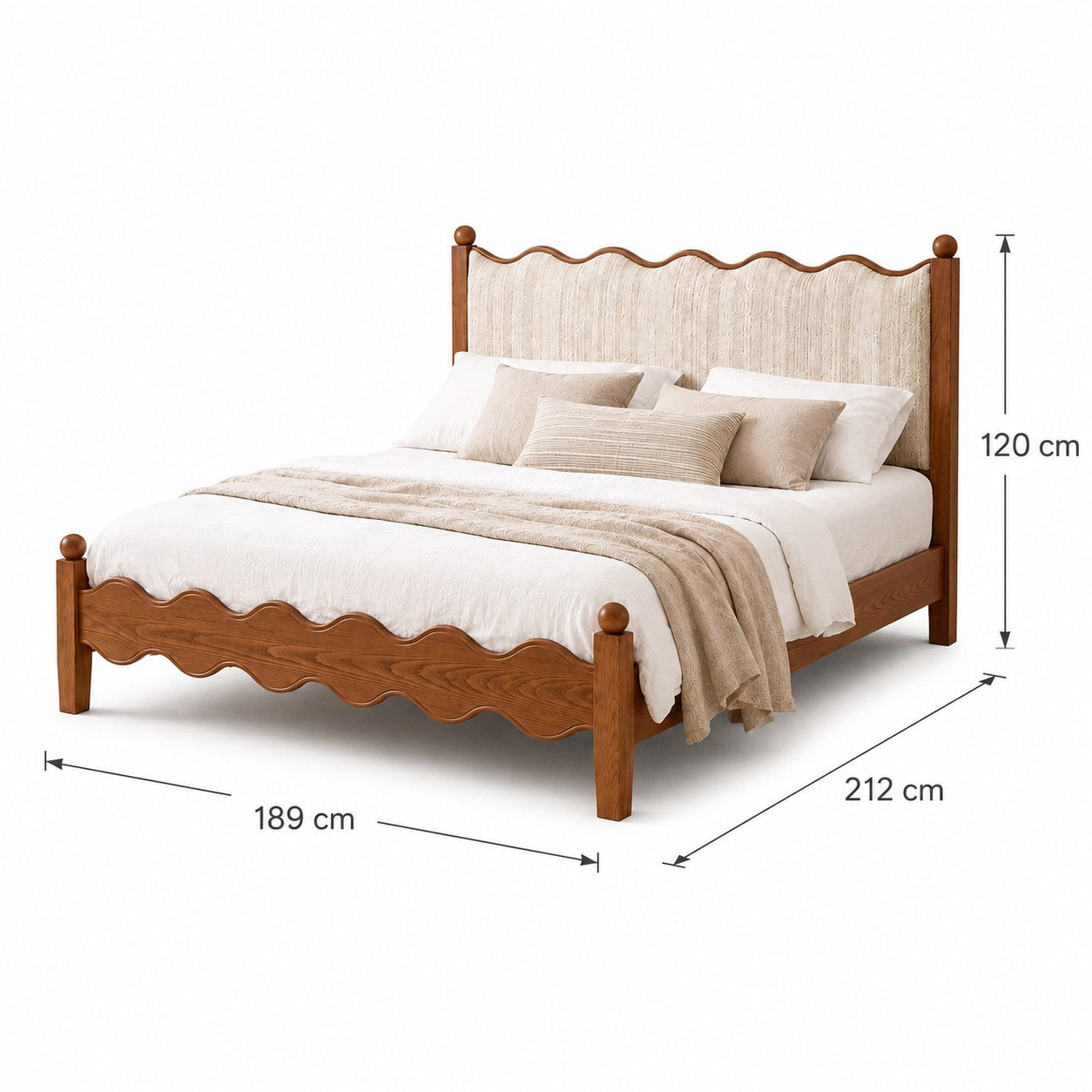 Solid Wood Upholstered Bed Frame – French Country Style Platform Bed with Fabric Headboard