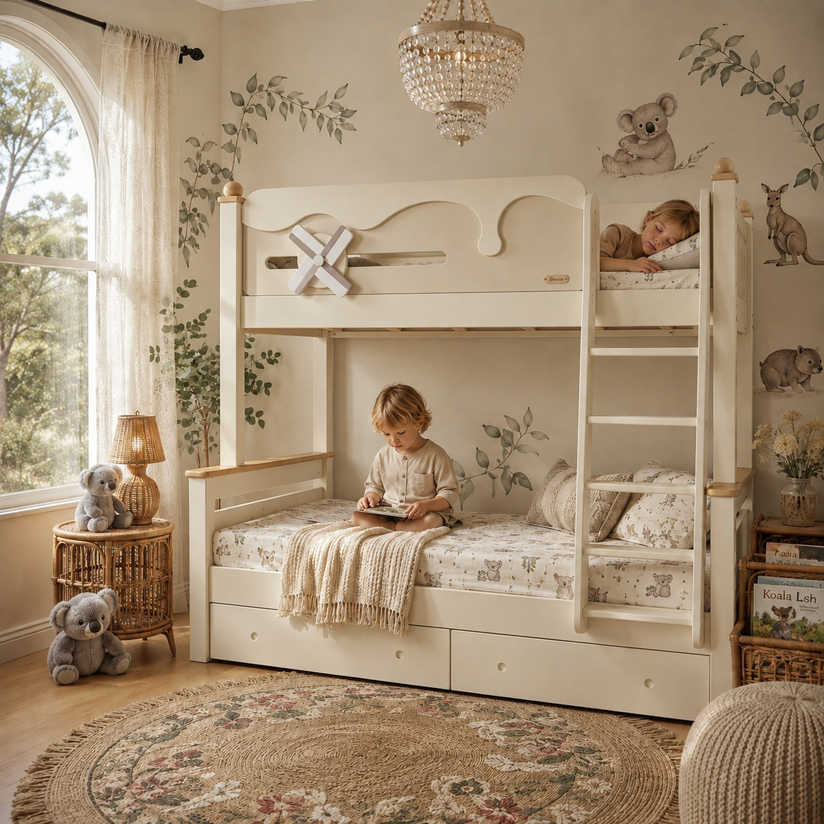 Kooka Living Lumi Kids Windmill Solid Wood Bunk Bed | Cream White Children’s Double Bunk Bed with Storage Drawers, Optional Stair Cabinet & Free Mattresses