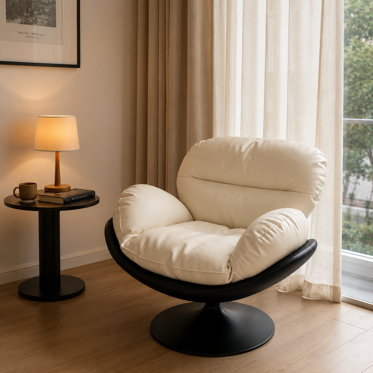 Modern Beige Swivel Accent Chair | Ergonomic Lounge Chair with Pillow Back Cushion, 360° Rotating Base & Premium PU Leather Upholstery