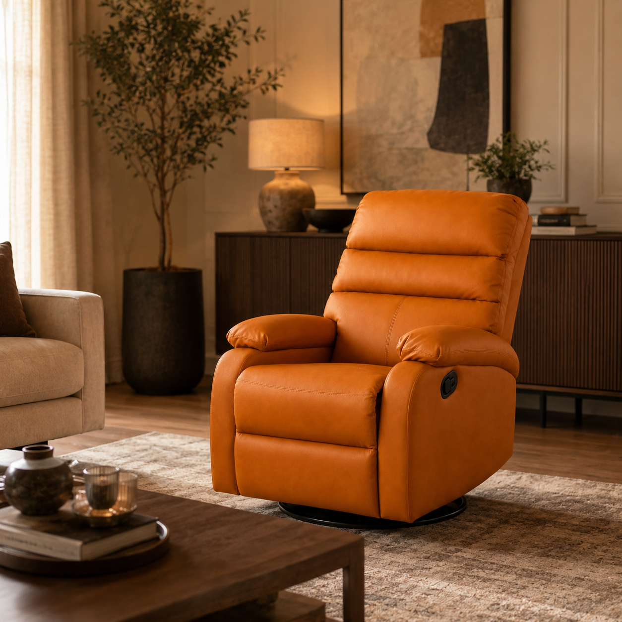 Convertible Lazy Sofa Chair | Reclining Swivel Lounge Chair with Rocking Function, Extendable Footrest & PU Leather Upholstery