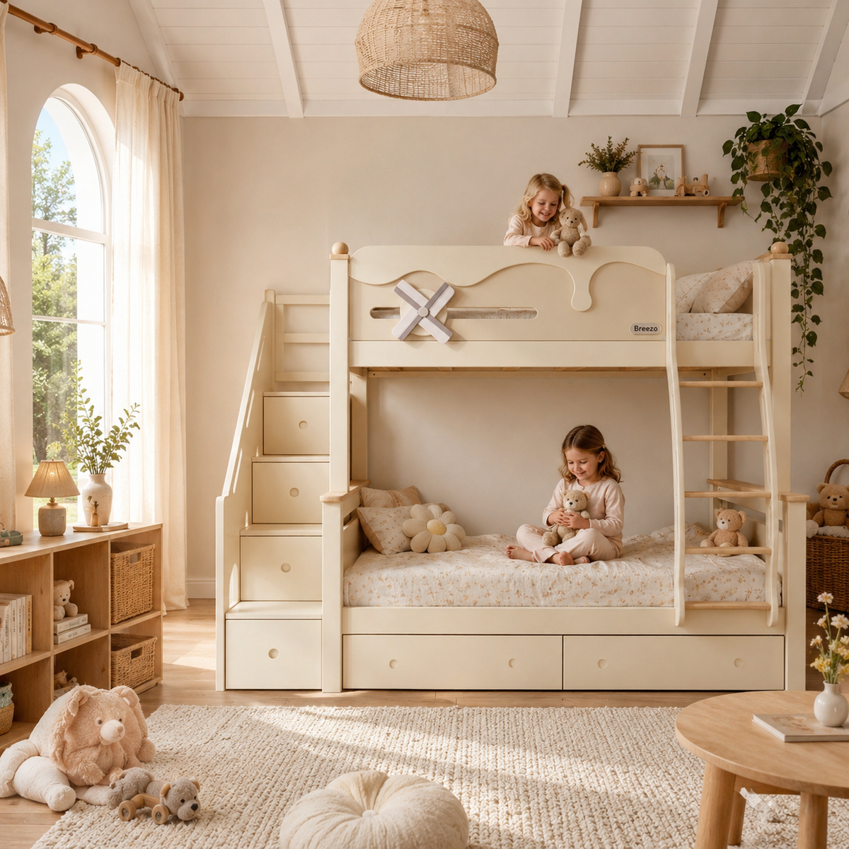 Kooka Living Lumi Kids Windmill Solid Wood Bunk Bed | Cream White Children’s Double Bunk Bed with Storage Drawers, Optional Stair Cabinet & Free Mattresses