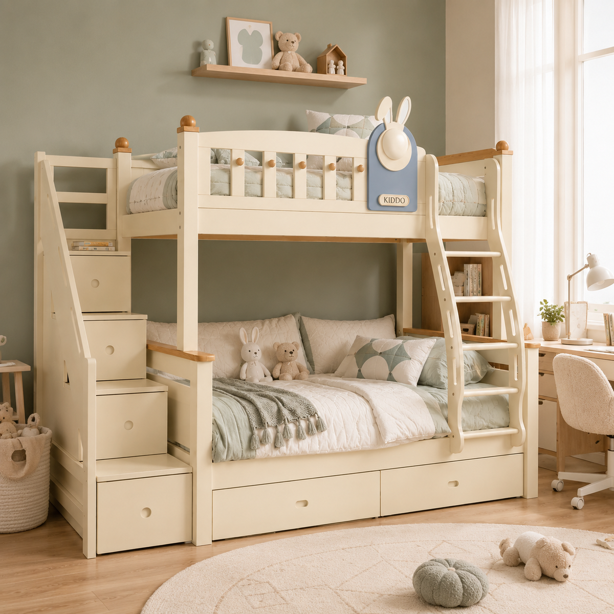 Kooka Living Lumi Kids Bunny Dream Rabbit Bunk Bed | Solid Wood Kids Bed with Storage Drawers, Optional Stair Cabinet & Complimentary Mattress